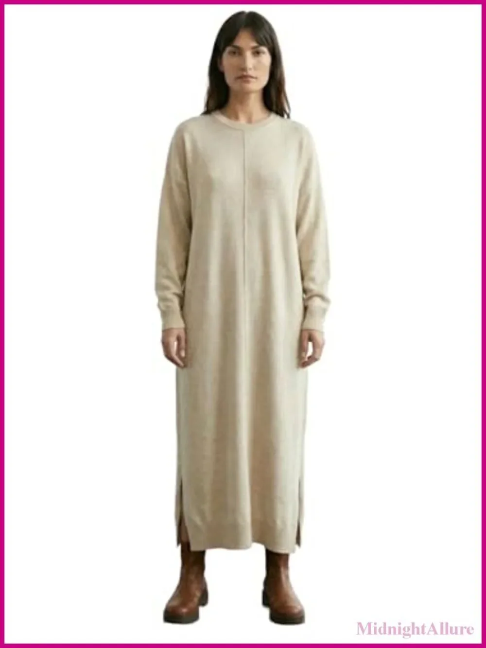 Oversized Acrylic Sweater Dress Crew Neck Side Slit Ankle Length